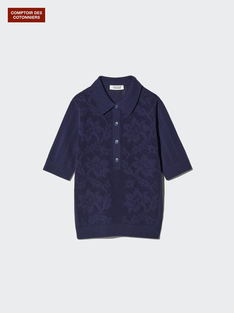 Поло-свитер из хлопка с кружевными узорами (короткий рукав)