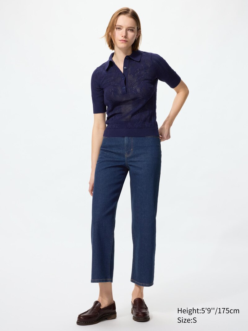 Поло-свитер из хлопка с кружевными узорами (короткий рукав)