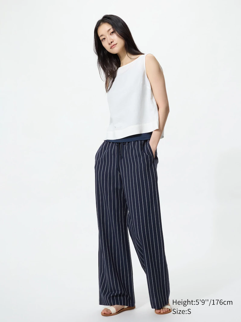 Льняные брюки свободного кроя (в полоску, длинные)